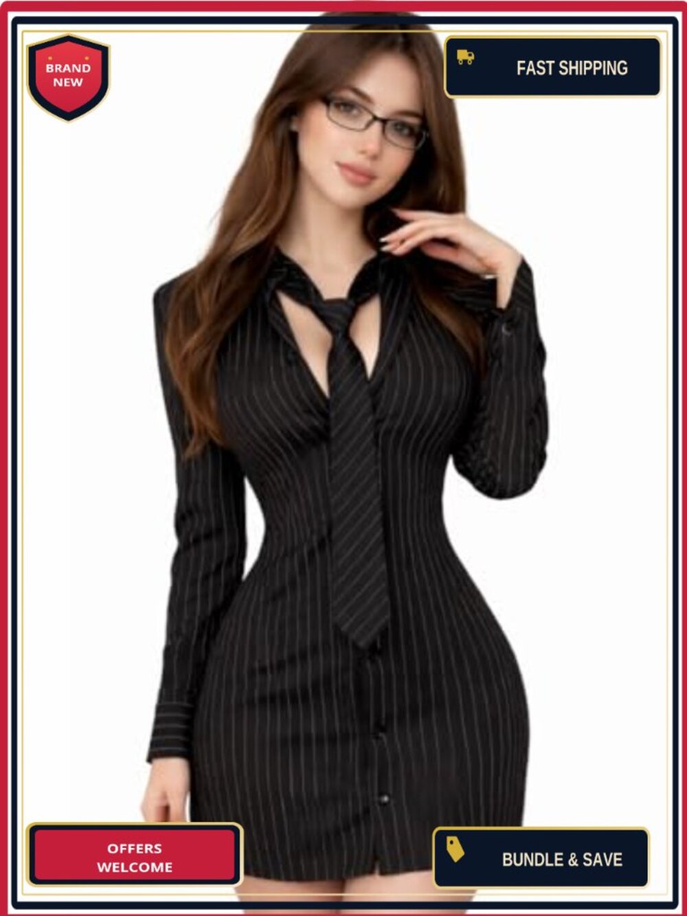 Sexy Office Secretary Costume Set with Tie Glasses Tight Skirt